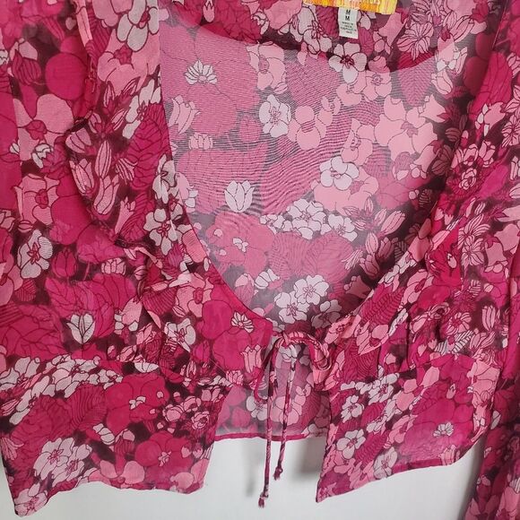 Urban Outfitters Juliet Sheer Floral Tie Front Ruffle Blouse Medium - Picture 5 of 7